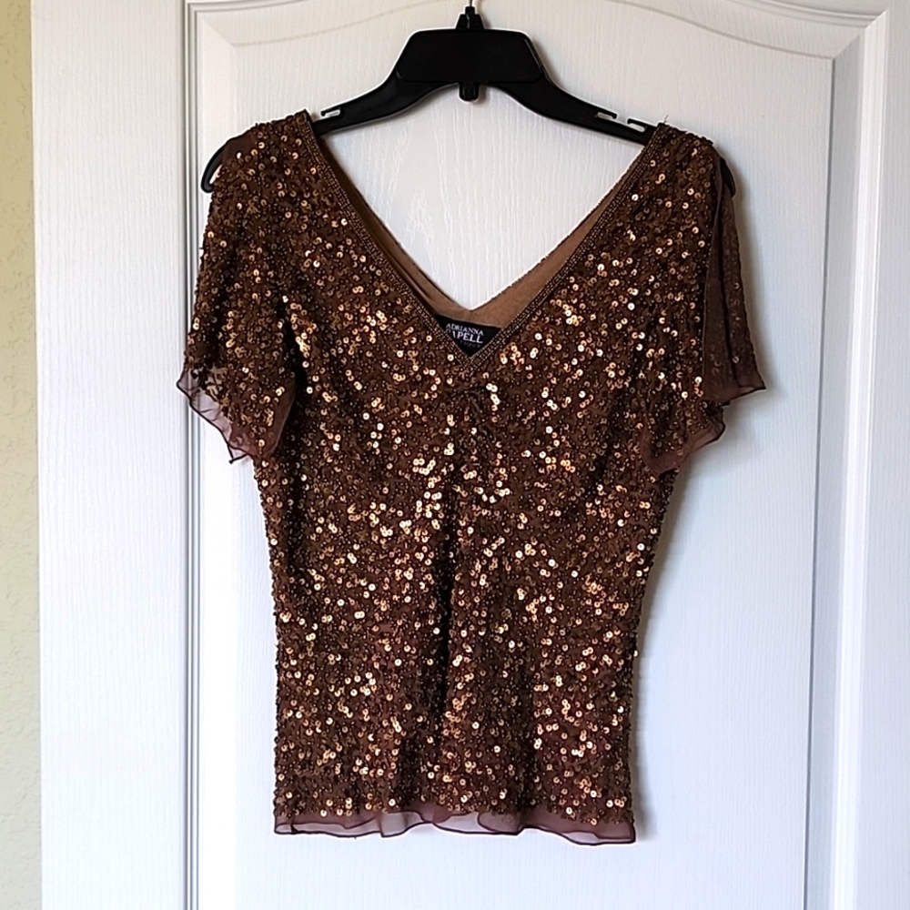 Adriana Papell Boutique Sz S Bronze Sequined Evening Top